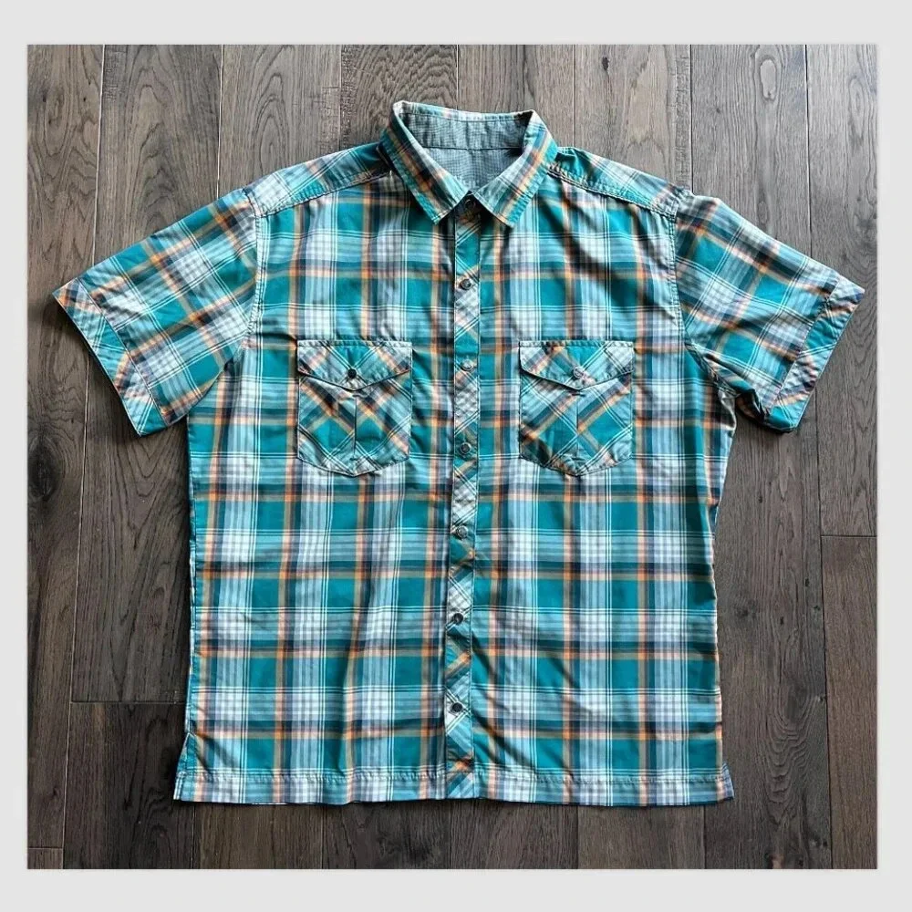 Kuhl Eluxor Short Sleeve Pearl Snap Shirt Size M Green Orange Plaid Activewear